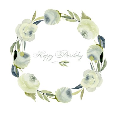 Çelenk, çerçeve kenarlığı ile sulu boya beyaz gül, el boyalı beyaz bir arka plan üzerinde Doğum günü kartları tasarımı