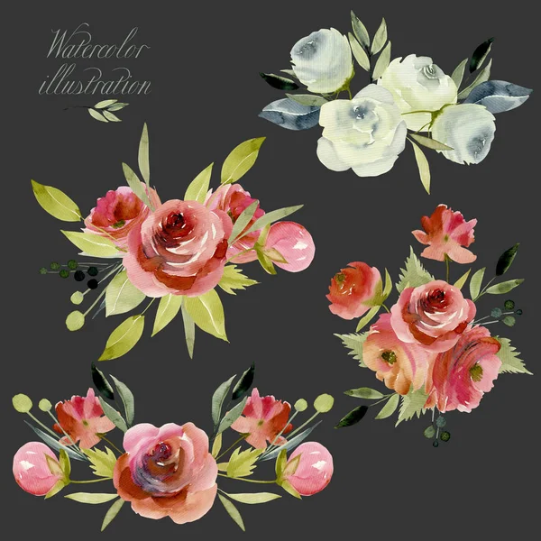 Watercolor Burgundy White Roses Bouquets Collection Isolated Posies Set Hand — Stock Photo, Image