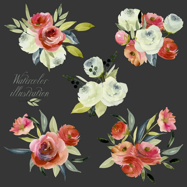 水彩のブルゴーニュと白バラの花束コレクション 分離花束暗い背景に手描きの設定 — ストック写真