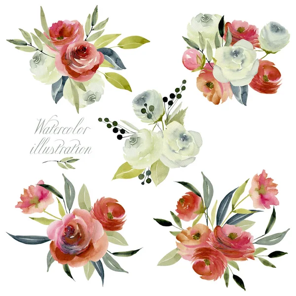 Watercolor Burgundy White Roses Bouquets Collection Isolated Posies Set Hand — Stock Photo, Image