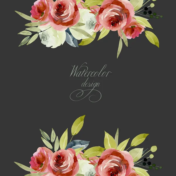 Tarjeta Tempate Con Acuarela Color Burdeos Rosas Blancas Pintado Mano —  Fotos de Stock