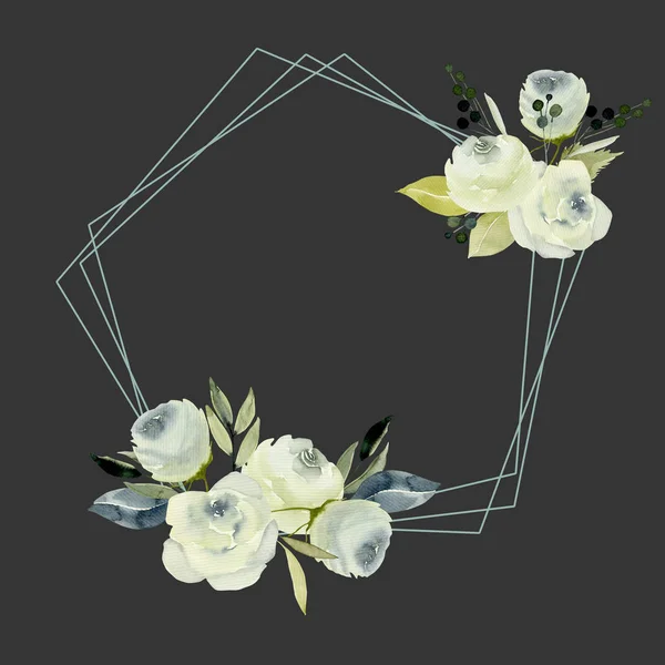 Quadro Pentagonal Com Rosas Brancas Aquarela Pintado Mão Fundo Escuro — Fotografia de Stock