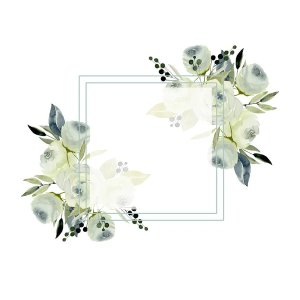 Moldura Com Aquarela Rosas Brancas Pintadas Mão Fundo Branco Design — Fotografia de Stock