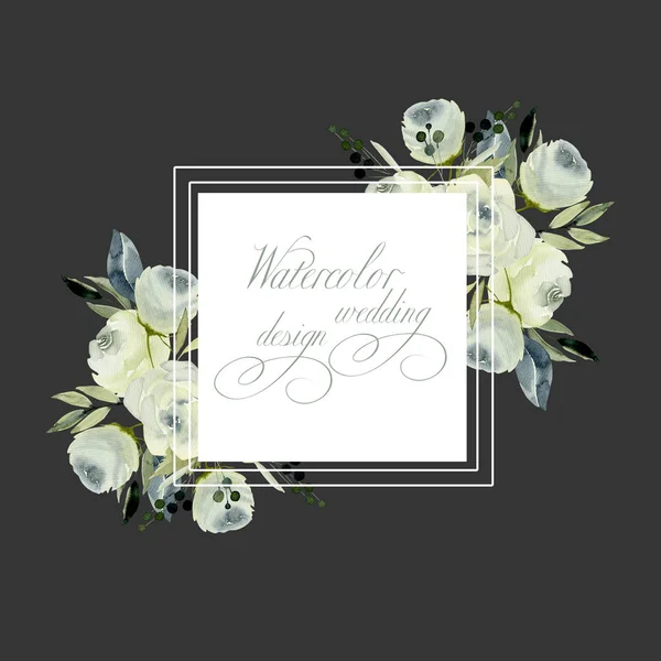 Frame with watercolor white roses, hand painted on a dark background, wedding design