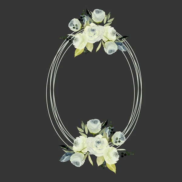 Oval Çerçeve Kenarlığı Ile Sulu Boya Beyaz Gül Boyalı Tasarım — Stok fotoğraf