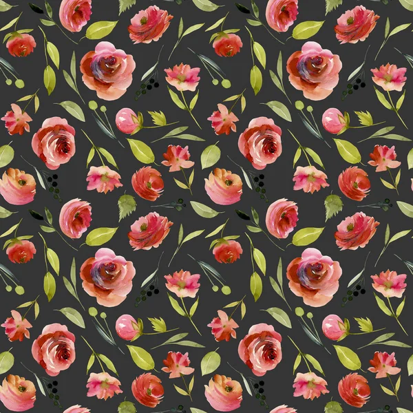 Patrón Costuras Rosas Borgoña Acuarela Pintado Mano Sobre Fondo Oscuro — Foto de stock gratis