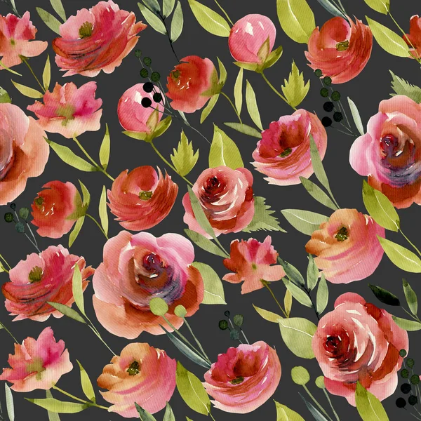 Patrón Costuras Rosas Borgoña Acuarela Pintado Mano Sobre Fondo Oscuro —  Fotos de Stock