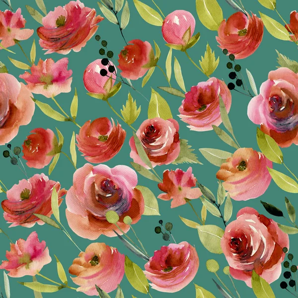 Patrón Costuras Rosas Borgoña Acuarela Pintado Mano Sobre Fondo Verde — Foto de Stock