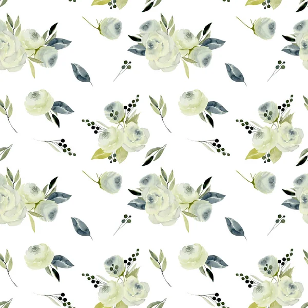 水彩の白バラの花束 Seamles パターン 手描きの白地に — ストック写真
