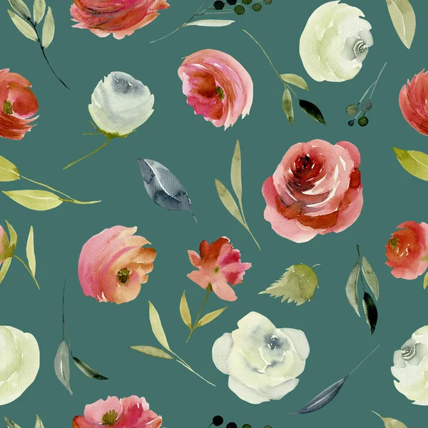 Watercolor Burgundy White Roses Seamles Pattern Hand Painted Dark Blue — Stock Photo, Image