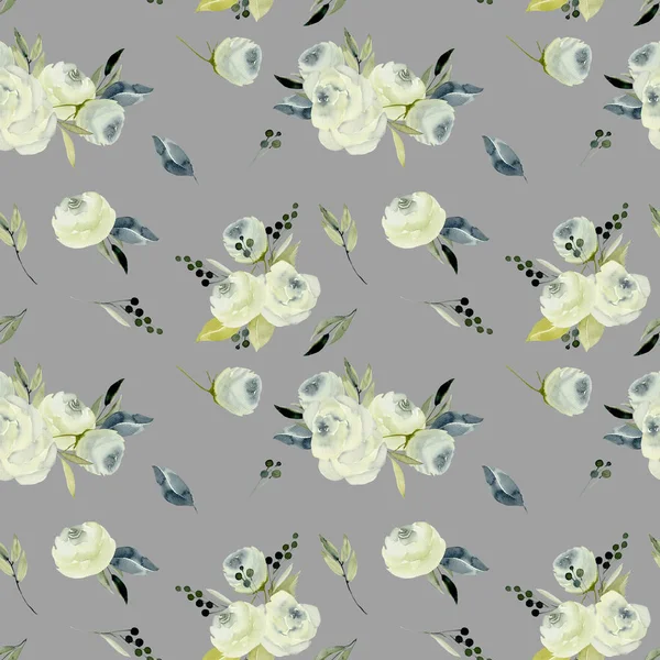 Watercolor White Roses Bouquets Seamles Pattern Hand Painted Grey Background — Stock Photo, Image