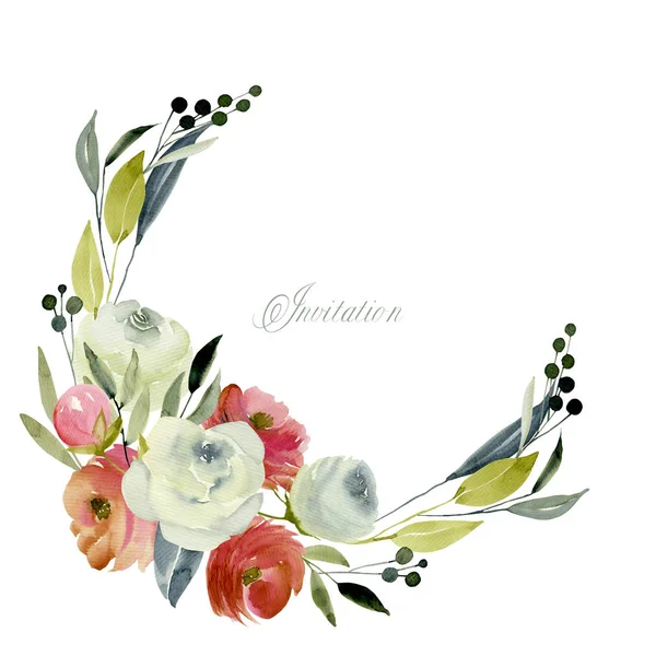 Couronne Bordure Cadre Avec Aquarelle Bordeaux Roses Blanches Peint Main — Photo