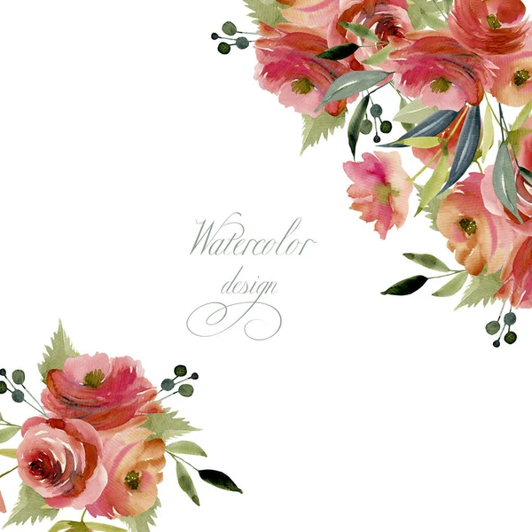 Card tempate with watercolor burgundy roses, hand painted on a white background, holiday card design, decoration postcard, wedding invitation — Stock Image Card Tempate Watercolor Burgundy Roses Hand Painted White Background Holiday Royalty Free Stock Images