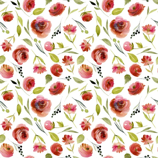 Watercolor burgundy roses seamles pattern, hand painted on a white background — Stock Image Watercolor Burgundy Roses Seamles Pattern Hand Painted White Background Stock Image