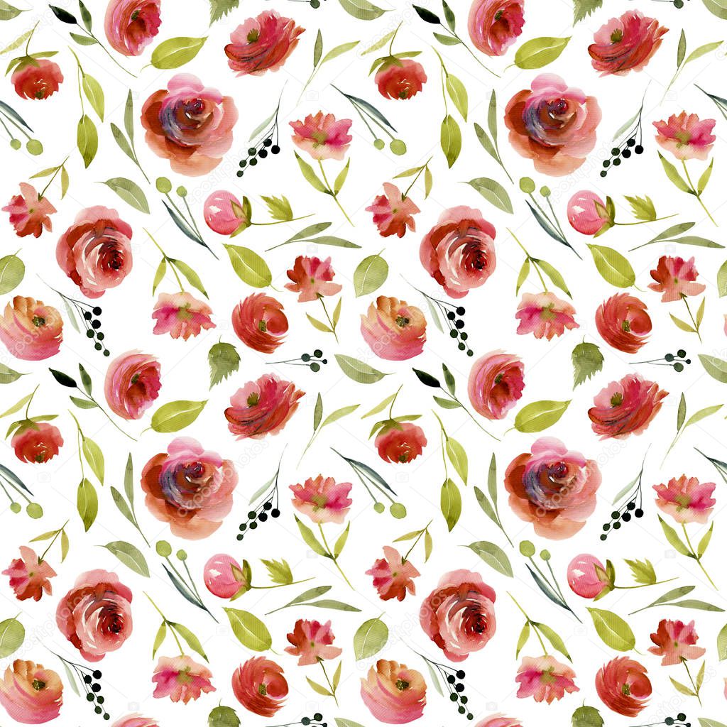 Watercolor burgundy roses seamles pattern, hand painted on a white background