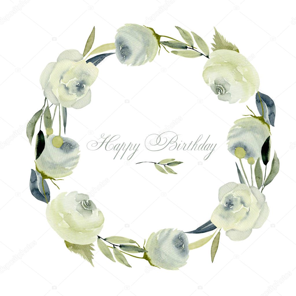 Wreath, frame border with watercolor white roses, hand painted on a white background, birthday card design