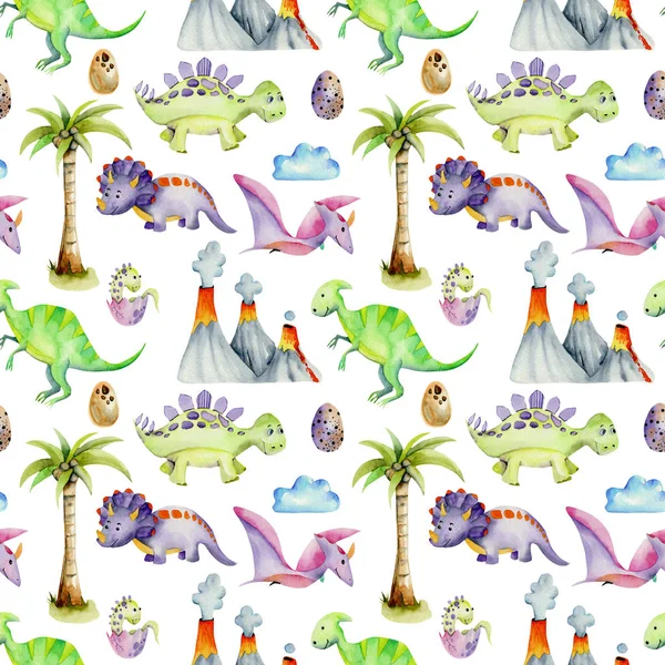 Aquarela dinossauros pré-históricos entre vulcões e palmeiras sem costura padrão — Fotografia de Stock