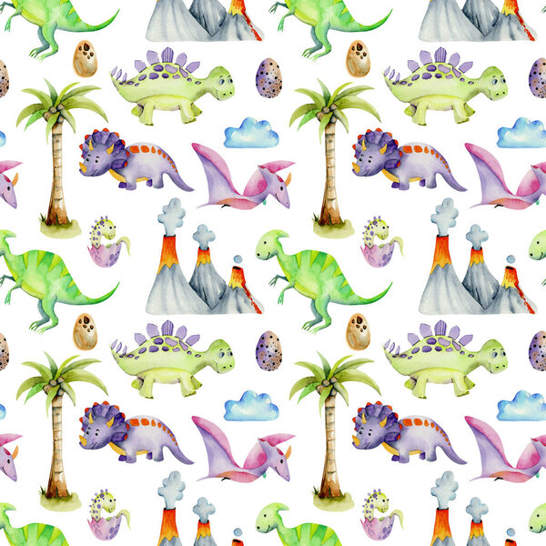 Watercolor prehistoric dinosaurs among volcanoes and palm trees seamless pattern