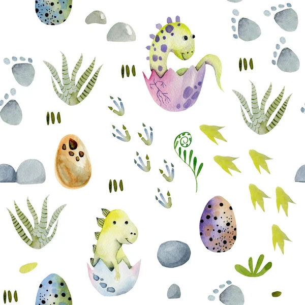Acuarela lindo bebé dinosaurios en huevos patrón sin costura —  Fotos de Stock