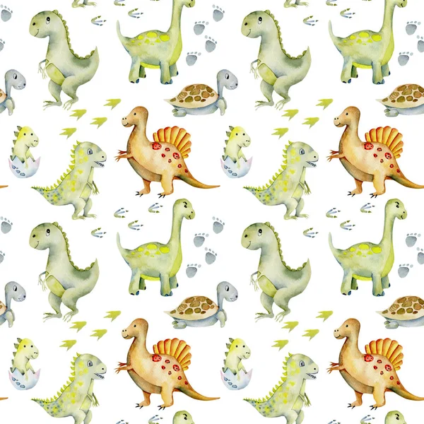 Watercolor cute dinosaurs, turtles and baby dino seamless pattern