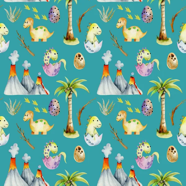 Watercolor  baby dinosaurs among volcanoes and palm trees seamless pattern