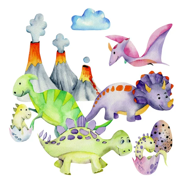 Cute dinosaurs near volcano watercolor illustration