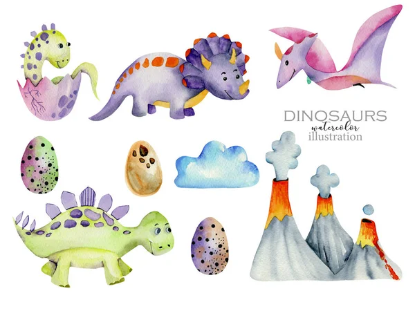 Cute dinosaurs collection watercolor illustration