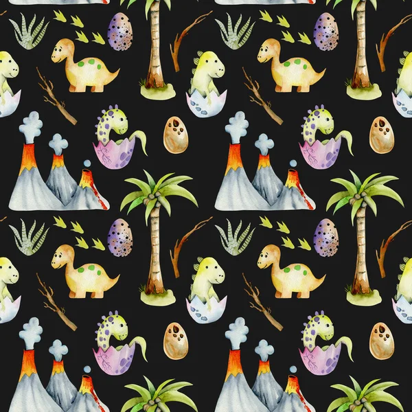 화산과 팜 나무 원활한 패턴 중 수채화 아기 공룡 — 스톡 사진
