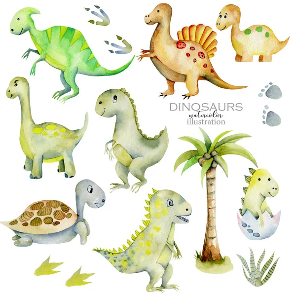 Linda colección dinosaurios acuarela ilustración —  Fotos de Stock