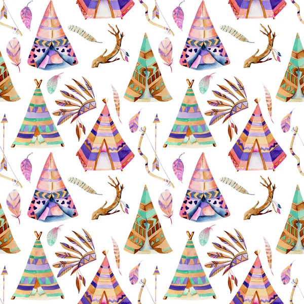 Watercolor wigwams and authentic native american elements seamless pattern — Stock Photo, Image