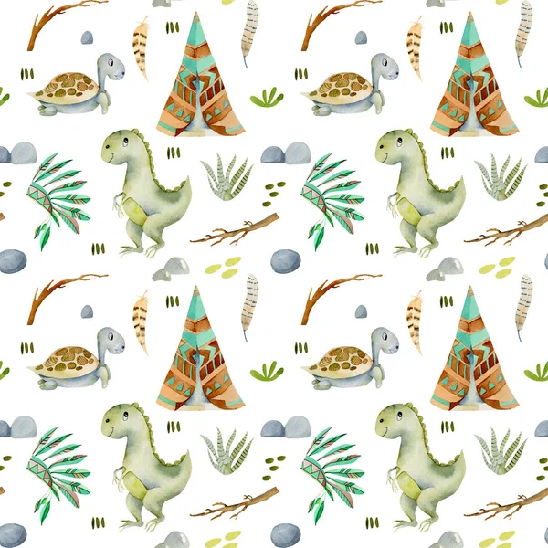 Watercolor Wigwams Turtles Dinosaurs Seamless Pattern Hand Painted Isolated White — Stock Photo, Image