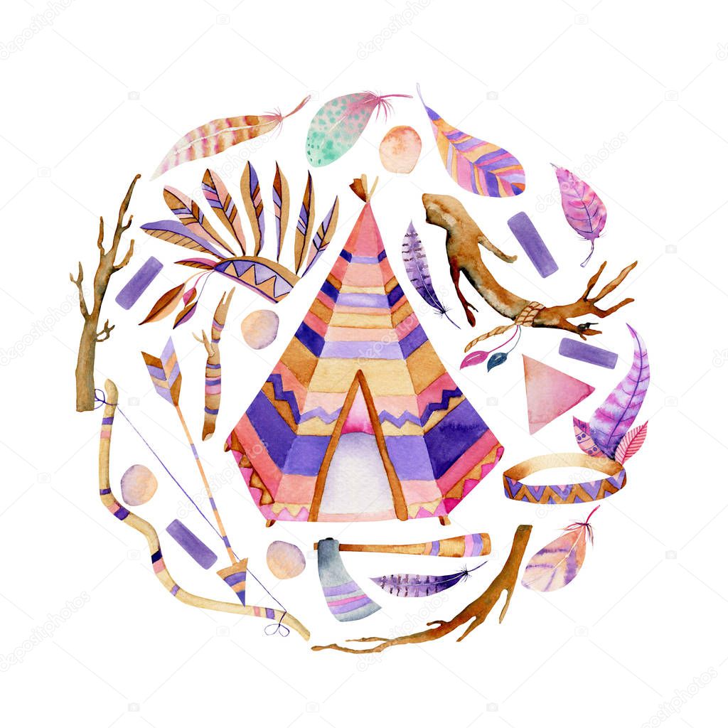 Watercolor wigwams and authentic native american elements round illustration, hand painted isolated on a white background