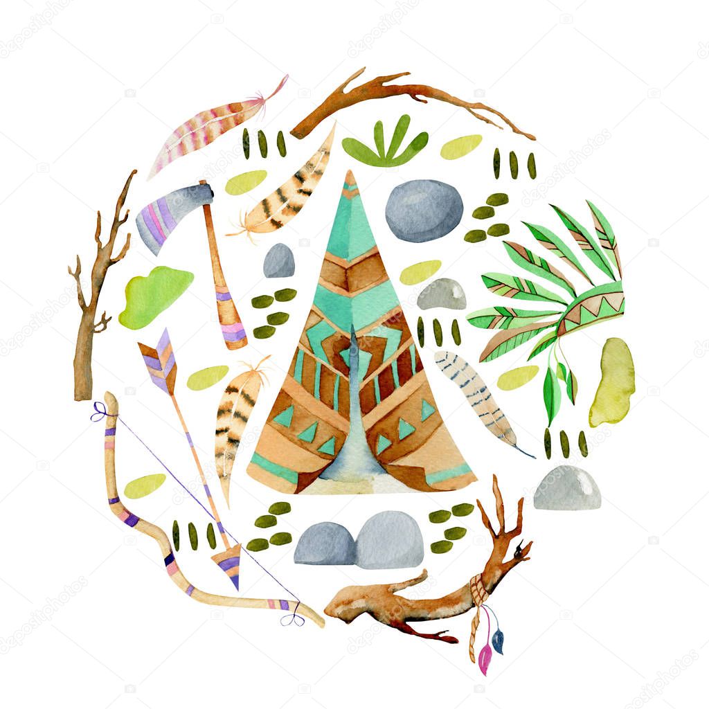 Watercolor wigwams and authentic native american elements round illustration