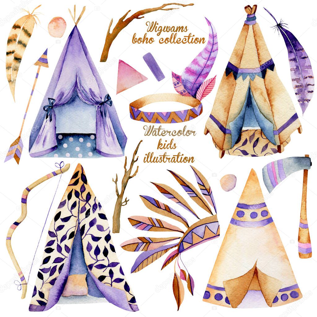 Wigwams and authentic native american elements collection