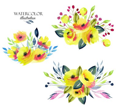 Sarı gül, dalları ve yaprakları buketleri koleksiyonu, suluboya resim