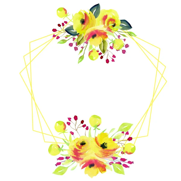 Pentagonal frame with yellow roses and branches bouquets,  watercolor illustration — Stock Photo, Image