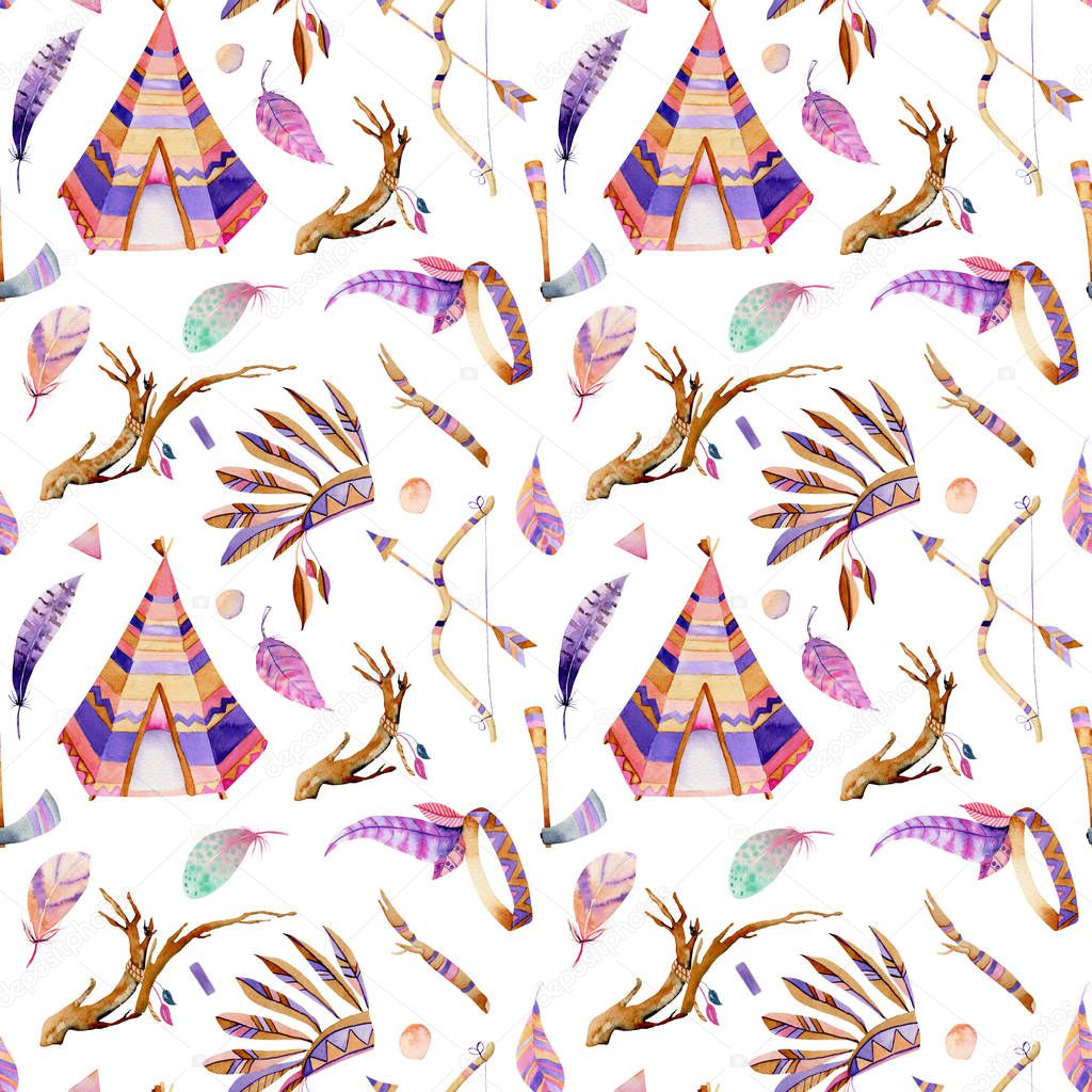 Watercolor wigwams and authentic native american elements seamless pattern