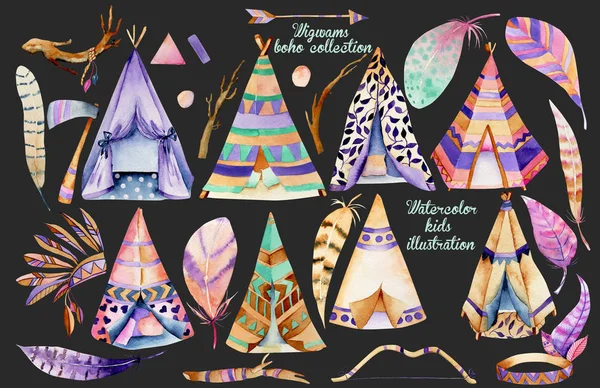 Wigwams dan otentik asli american elemen koleksi — Stok Foto