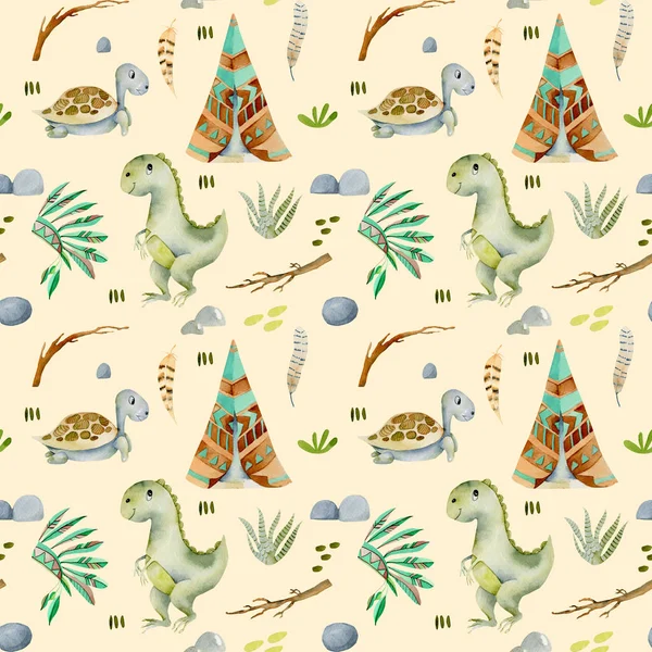 Sulu boya wigwams, kaplumbağalar ve dinozorlar seamless modeli — Stok fotoğraf