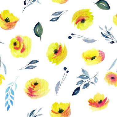 Suluboya sarı gül ve mavi dalları seamless modeli