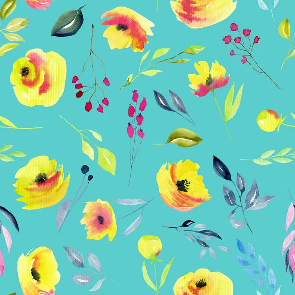 Aquarell gelbe Rosen und Zweige nahtloses Muster — Stockfoto