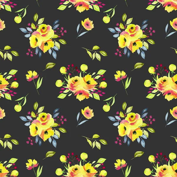 Watercolor yellow roses bouquets seamless pattern — Stock Photo, Image