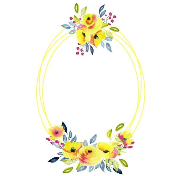 椭圆形框架与黄玫瑰和树枝花束, 水彩画 — 图库照片