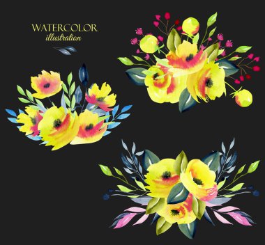 Sarı gül, dalları ve yaprakları buketleri koleksiyonu, suluboya resim