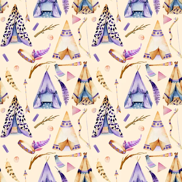 수채화 wigwams와 정통 아메리카 원주민 요소 완벽 한 패턴 — 스톡 사진