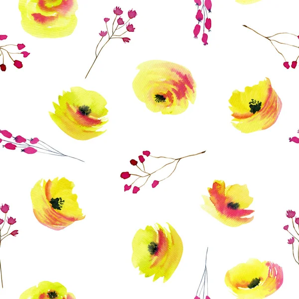 Acuarela rosas amarillas y ramas rosadas patrón sin costuras —  Fotos de Stock