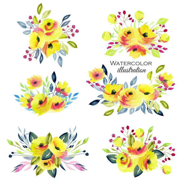 黄色のバラ、枝や葉の花束コレクション、水彩イラスト — ストック写真