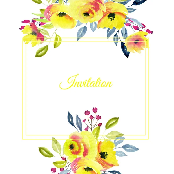 Adresskortsmallen, blommig gränsen med gula rosor och grenar, akvarell illustration — Stockfoto