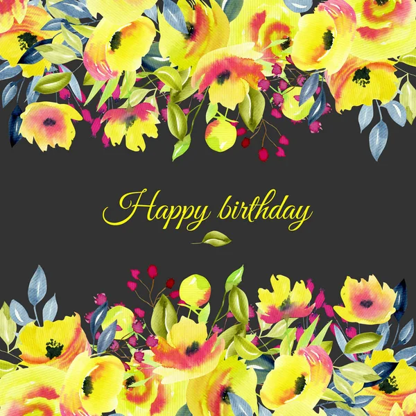 Kaartsjabloon, floral grens met gele rozen en takken, aquarel illustratie — Stockfoto