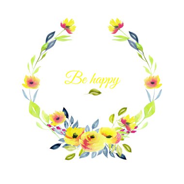 Çelenk sarı gül, mavi ve yeşil dallar, suluboya resim